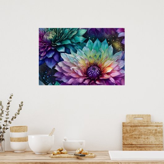 宇宙カラフルダリアフラワー ポスター (キッチン)