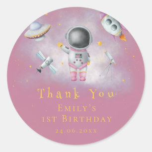 宇宙ガール宇宙飛行士ピンクのロケット星誕生日C ラウンドシール