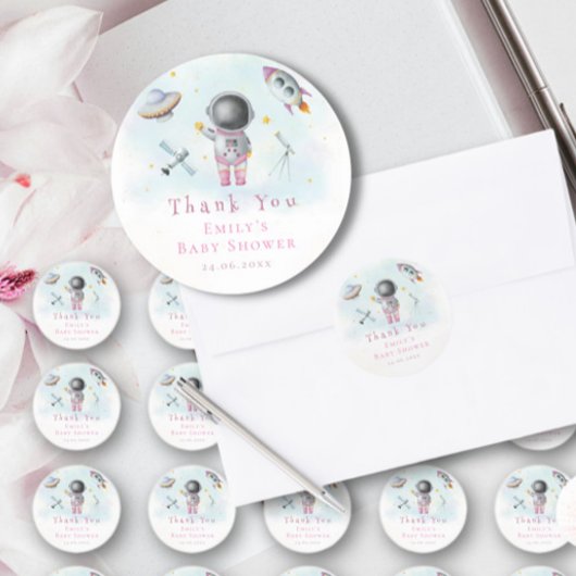 宇宙ガール宇宙飛行士ピンクのロケット星赤ちゃんシャワー ラウンドシール