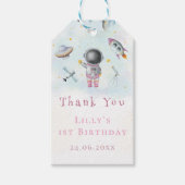 宇宙ガール宇宙飛行士ピンクのロケット銀河系船スター ギフトタグ (正面)