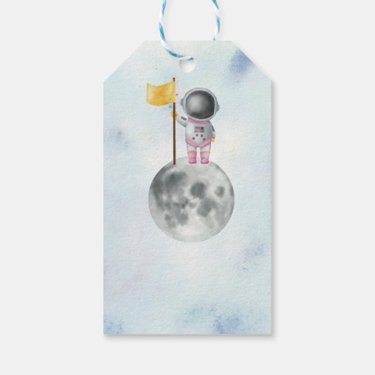 宇宙ガール宇宙飛行士ピンクのロケット銀河系船スター ギフトタグ (裏面)