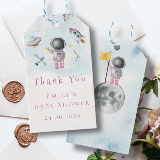 宇宙ガール宇宙飛行士ピンクのロケット銀河系船スター ギフトタグ