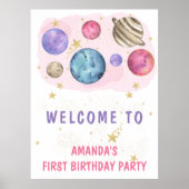 宇宙ガール誕生日ピンク系惑星ウェルカムパーティー ポスター (正面)