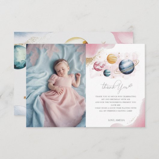 宇宙ガール誕生日銀河系星惑星 サンキューカード (正面/裏面)