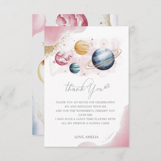 宇宙ガール誕生日銀河系星惑星 サンキューカード (正面/裏面)