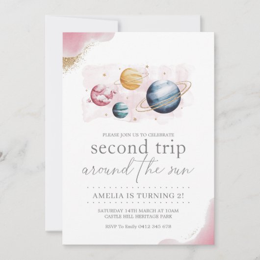 宇宙ガール誕生日銀河系星惑星 招待状 (正面)