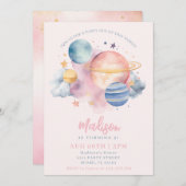 宇宙ガール誕生日 惑星 星 ピンク 招待状 (正面/裏面)