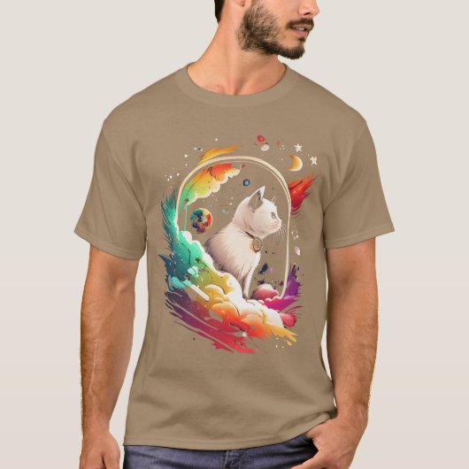 宇宙キャットオンガレー猫好きレトロ Tシャツ (正面)