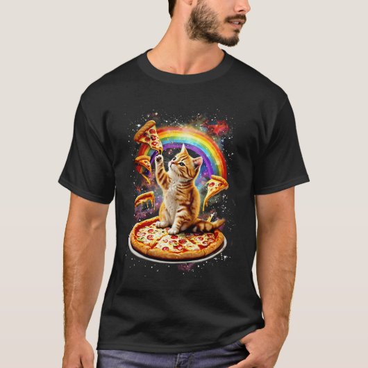 宇宙キャットピザレインボーキャットアウトター銀河系子猫イン Tシャツ (正面)