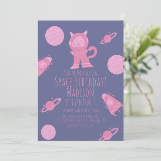 宇宙キャットピンクパープル銀河系誕生日招待状 招待状 (スタンド正面)