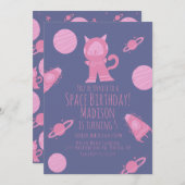 宇宙キャットピンクパープル銀河系誕生日招待状 招待状 (正面/裏面)