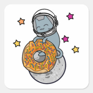 宇宙キャットホールディングドーナツかわいい漫画スタイルグラフィック スクエアシール