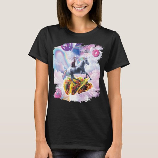 宇宙キャットライディングユニコーン – タコス&ドナツ Tシャツ (正面)