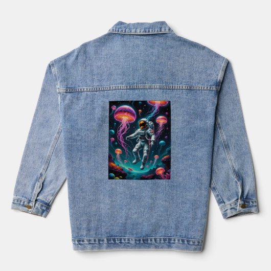 宇宙クラゲTeで浮白熱［赤熱］光を放つ上する宇宙飛行士 デニムジャケット (裏面)