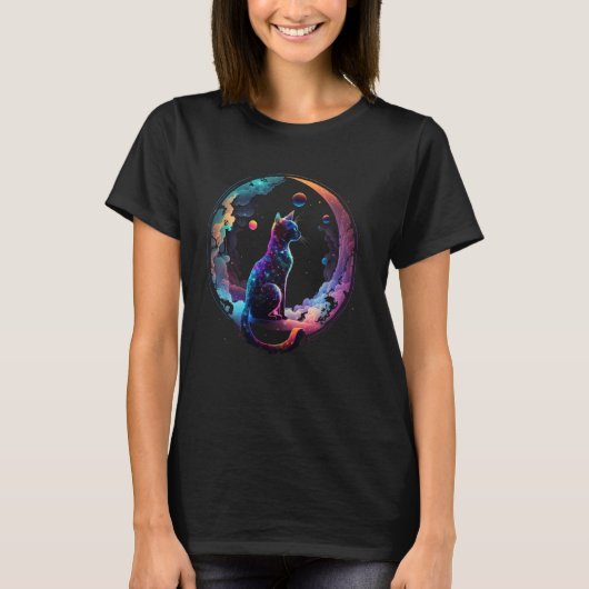 宇宙クール猫カラフル三日月と雲 Tシャツ (正面)
