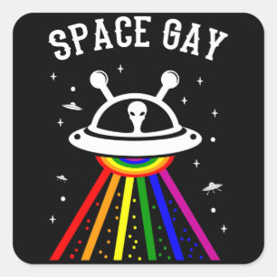 宇宙ゲイLGBTプライド月エイリアンUFOレインボーフラグ スクエアシール