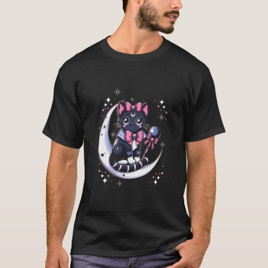 宇宙ゴシック風の月面に座るセーラーにゃんこ Tシャツ (正面)
