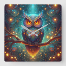 宇宙サイケデリック林に生息するフクロウ スクエア壁時計