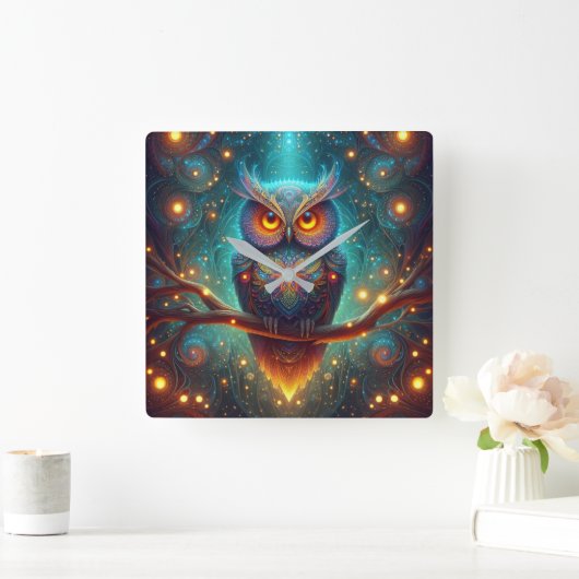 宇宙サイケデリック林に生息するフクロウ スクエア壁時計 (ホーム)