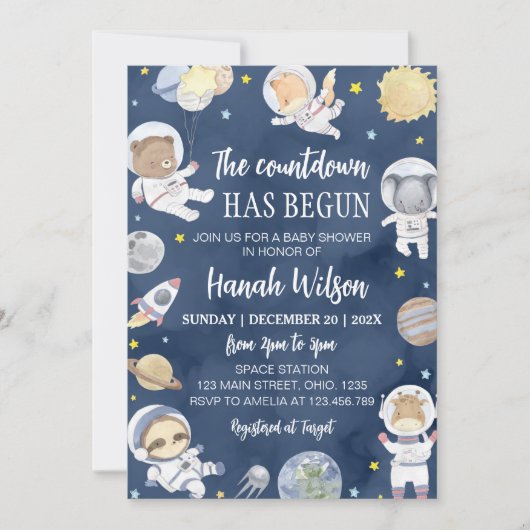 宇宙サファリ動物のベビーシャワー 招待状 (正面)