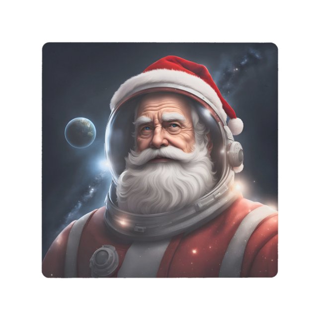 宇宙サンタクロース未来的Sf宇宙飛行士 メタルプリント (正面)