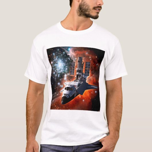 宇宙シャトルアトランティスハッブル望遠鏡のアートワーク Tシャツ (正面)