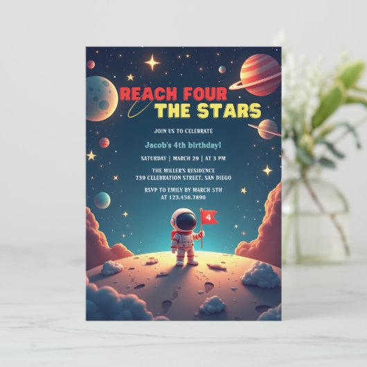 宇宙スターズ宇宙飛行士ボーイ4歳の誕生日 招待状 (スタンド正面)