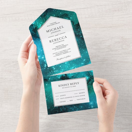 宇宙スターリーユニバースティール(緑がかった色)銀河系結婚ズ オールインワン招待状 (貼ってはがせる)