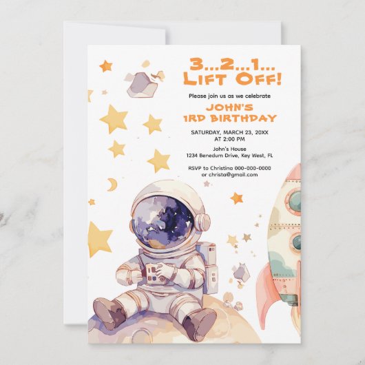 宇宙スター&宇宙飛行士子供の誕生日 招待状 (正面)