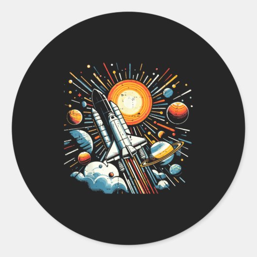 宇宙ステーション 太陽 惑星 ロケット 銀河 少年 キッズ ラウンドシール (正面)