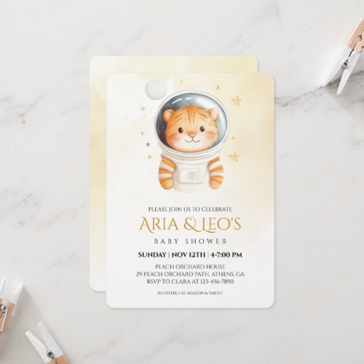 宇宙タイガーベビーシャワー招待状 招待状 (正面/裏面インサイチュ)