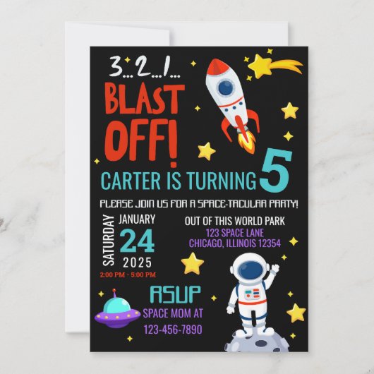 宇宙タキュラパーティー宇宙飛行士誕生日 招待状 (正面)