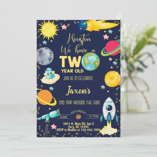 宇宙タキュラ男の子2歳の誕生日の招待状。 招待状 (スタンド正面)