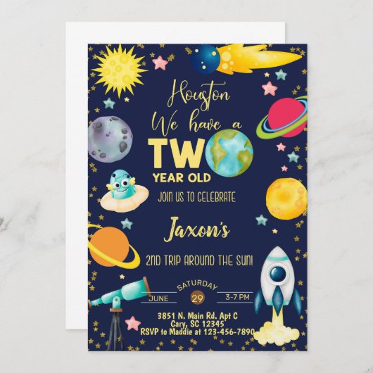 宇宙タキュラ男の子2歳の誕生日の招待状。 招待状 (正面/裏面)
