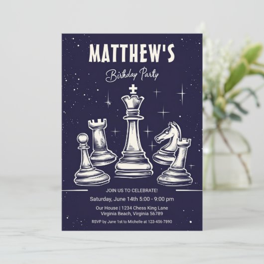 宇宙チェスをテーマにしたモダン星の誕生会 招待状 (スタンド正面)
