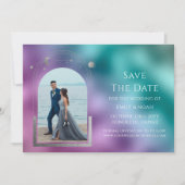 宇宙ティール(緑がかった色)パープルシルバーサンムーン天文学宇宙 セーブザデート (正面)