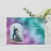 宇宙ティール(緑がかった色)パープルシルバーサンムーン天文学宇宙 セーブザデート (スタンド正面)