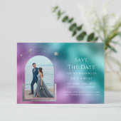 宇宙ティール(緑がかった色)パープルシルバーサンムーン天文学宇宙 セーブザデート (スタンド正面)