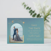 宇宙ティール(緑がかった色)金ゴールドサンムーン天文学宇宙 セーブザデート (スタンド正面)