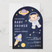宇宙テディベア宇宙飛行士ネイビーブルーベイビーシャワー 招待状 (正面)