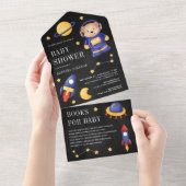 宇宙テディベア宇宙飛行士ブラックベビーシャワー オールインワン招待状 (貼ってはがせる)