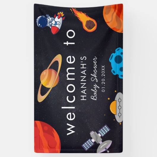 宇宙テーマウェルカムキュートカストメベビーシャワー 横断幕 (縦)