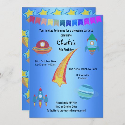 宇宙テーマブルースター誕生日 招待状 (正面/裏面)