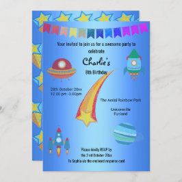 宇宙テーマブルースター誕生日 招待状