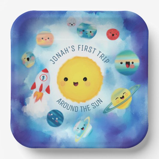 宇宙テーマ宇宙ロケット第1誕生日 ペーパープレート (正面)