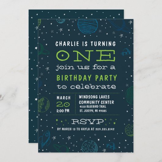 宇宙テーマ少年の誕生日パーティーへの招待 招待状 (正面/裏面)