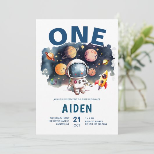 宇宙テーマ銀河系太陽のシステム第1誕生日 招待状 (スタンド正面)