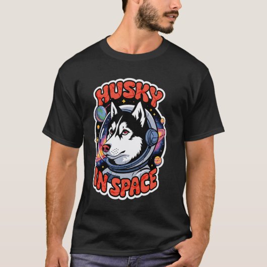 宇宙デザインの面白いハスキー犬の楽しい子供のハスキー Tシャツ (正面)