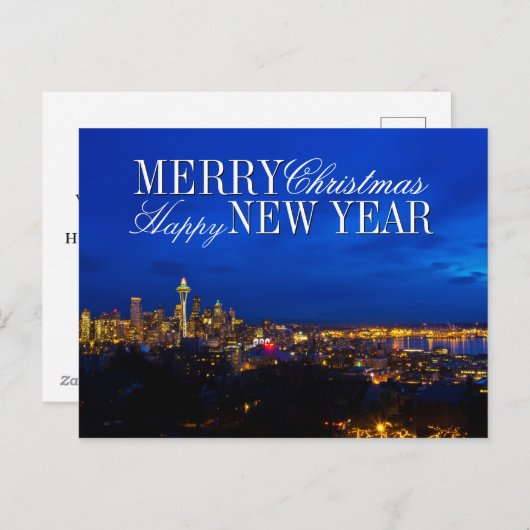 宇宙ニードルクリスマスツリー、シアトルスカイライン シーズンポストカード (正面/裏面)