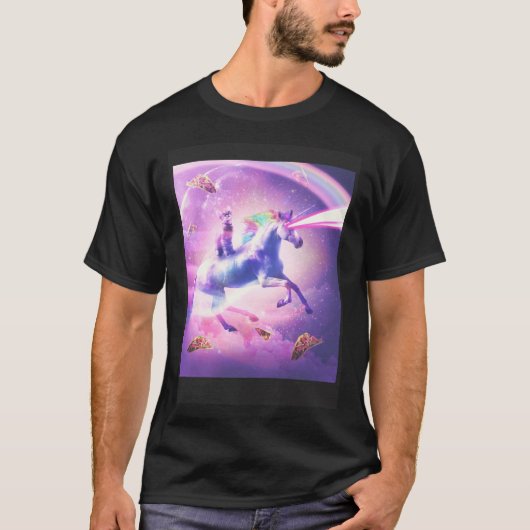 宇宙ネコ乗りユニコーンレーザータコスとレインボー Tシャツ (正面)